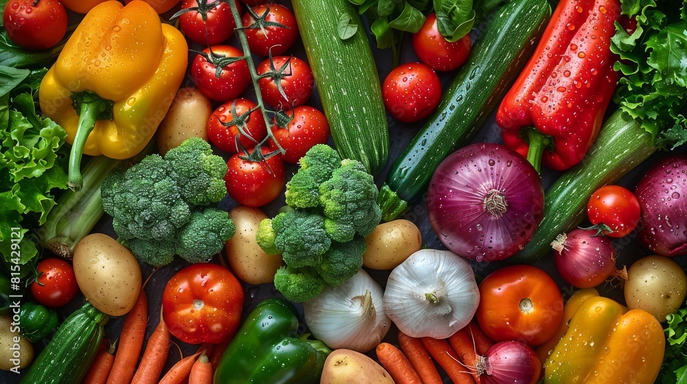 Colorful flat lay of diverse vegetables, showcasing freshness and health Colorful flat lay of diverse vegetables, showcasing freshness and health