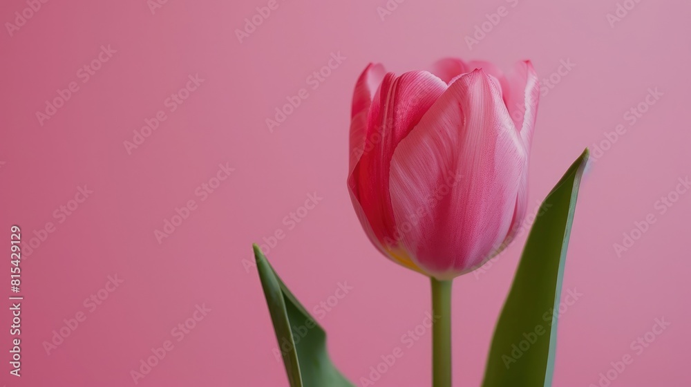 Fototapeta premium Closeup shot of a single pink tulip against a pink backdrop