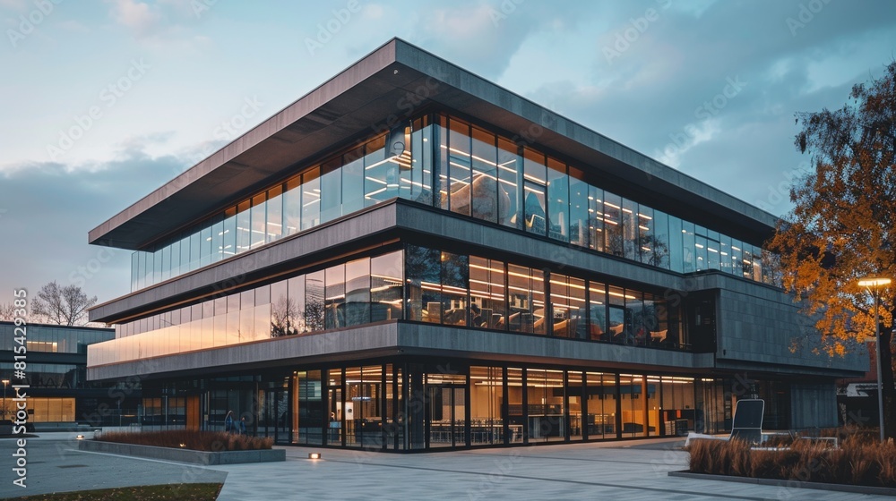 Obraz premium A modern office building with a facade that mimics a barcode design.