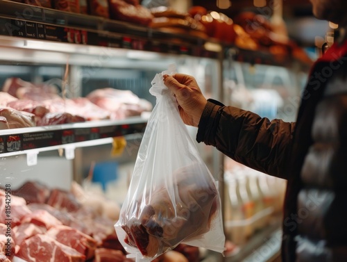 Close-up of a person's hand holding a plastic bag with fresh meat inside at a butcher shop with various meats in the background