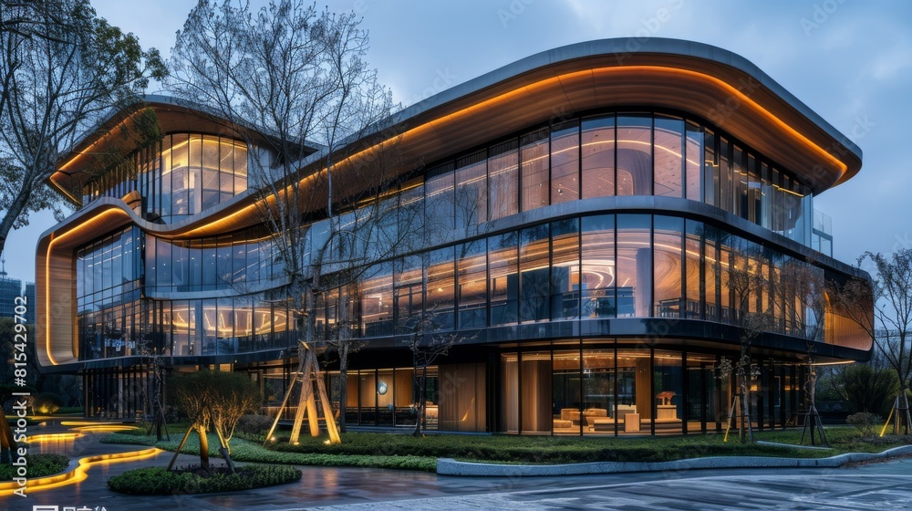 A modern office building with a facade designed to reduce urban heat island effect.