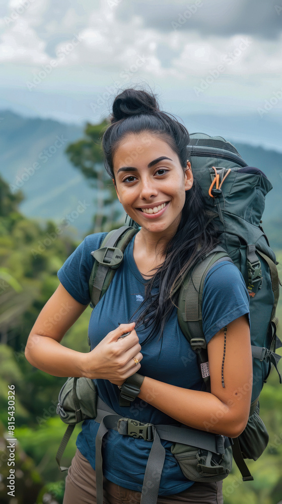 Young female hiker giving happy expression Young female hiker giving happy expression