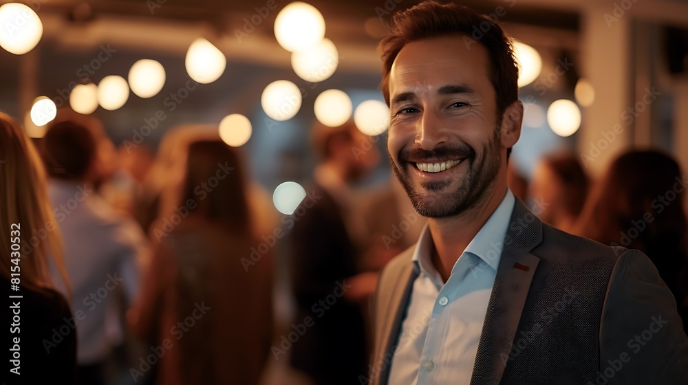 Smiling CEO at Networking Event in Blurred Social, Smiling CEO, networking event, blurred social. Smiling CEO at Networking Event in Blurred Social, Smiling CEO, networking event, blurred social.