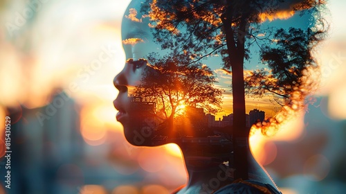 A closeup of a child silhouette combined with a city park at sunset