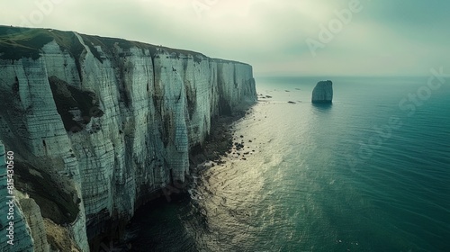 Aerial view of the Cliffs of Dover in England, featuring the iconic white chalk cliffs rising dramatically from the English Channel. 
