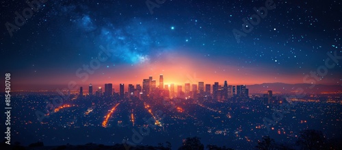 Beautiful starry night sky over city lights photo