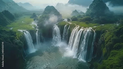 Aerial view of the Ban Gioc Waterfall in Vietnam, with its multi-tiered cascades plunging into a lush green valley. 