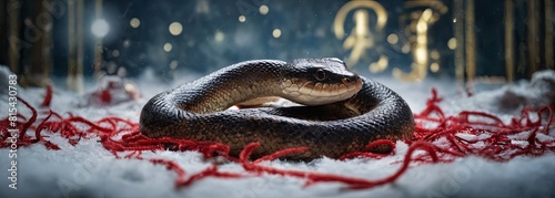 A snake is laying on a red carpet photo