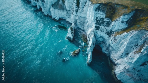 Aerial view of the White Cliffs of Dover in England, with their striking white chalk faces rising from the blue waters of the English Channel. 