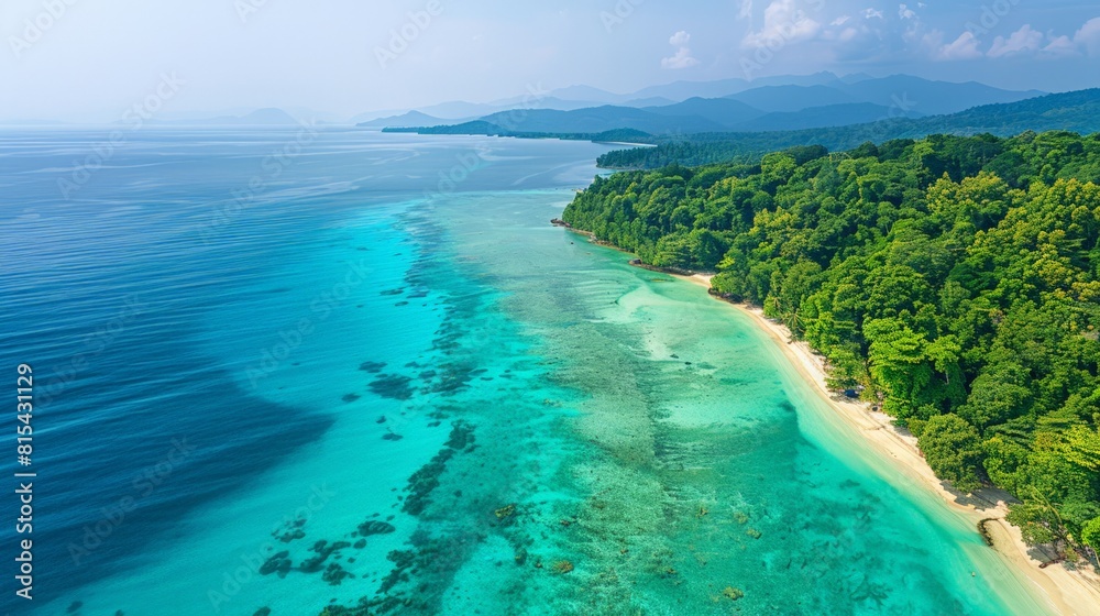 Aerial view of the Andaman Islands in India, showcasing the pristine beaches, turquoise waters, and lush tropical forests.     