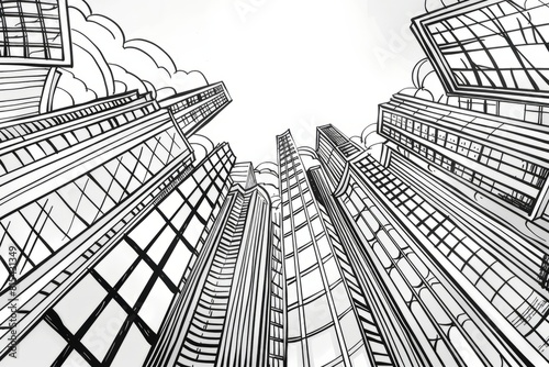Cartoon cute doodles of a city skyline with skyscrapers rising into the sky, their edges converging towards two vanishing points, Generative AI