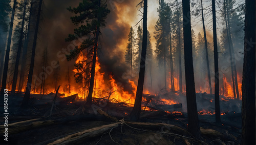 A raging forest fire with flames engulfing trees and billowing smoke darkening the sky