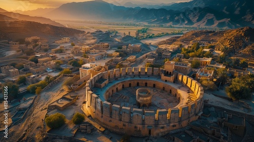 Aerial view of the Nizwa Fort in Oman, showcasing the massive circular tower and the surrounding historic town set against the backdrop of the Hajar Mountains. 