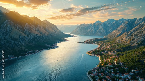 Aerial view of the Bay of Kotor in Montenegro, featuring the winding bay, dramatic mountain backdrop, and historic coastal towns. 