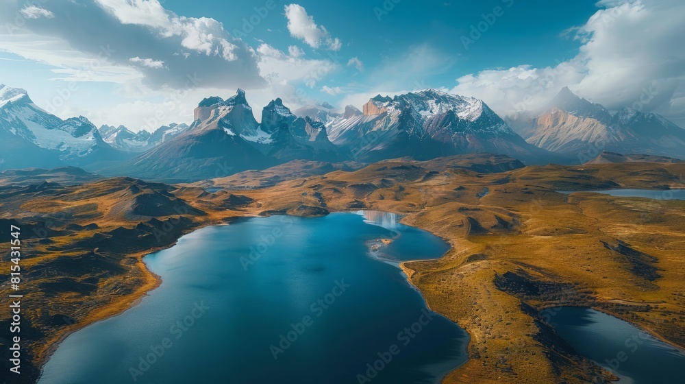 Aerial view of the Torres del Paine National Park in Chile, featuring the dramatic mountain peaks, glacial lakes, and vast Patagonian steppe.     