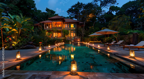 the pool and house at night