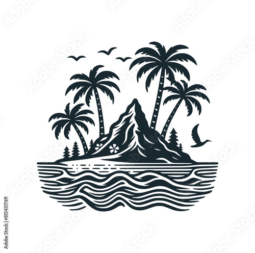 The coral island in the middle of the ocean. Black white vector logo illustration.