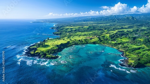 Aerial view of the Hawaiian Islands, showcasing the lush tropical landscapes, volcanic craters, and pristine beaches. 