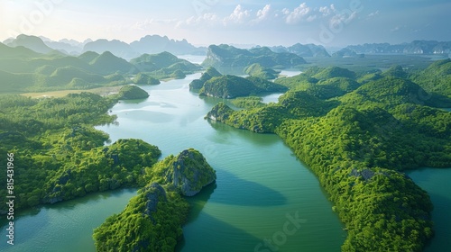 Aerial view of the Ha Long Bay in Vietnam  featuring its emerald green waters dotted with towering limestone karsts and lush islets.     