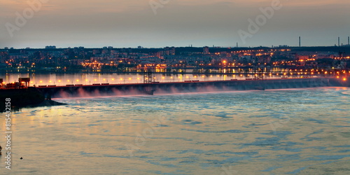Zhigulevskaya hydroelectric power station on the Volga River during the spring release of water at night