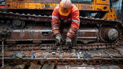 A mechanic repairing a broken track on a construction site's crawler machine. photo