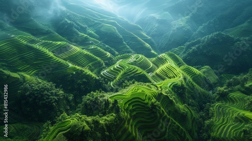 Aerial view of the Banaue Rice Terraces in the Philippines, with their intricate stepped fields carved into the mountainsides and surrounded by lush greenery. 