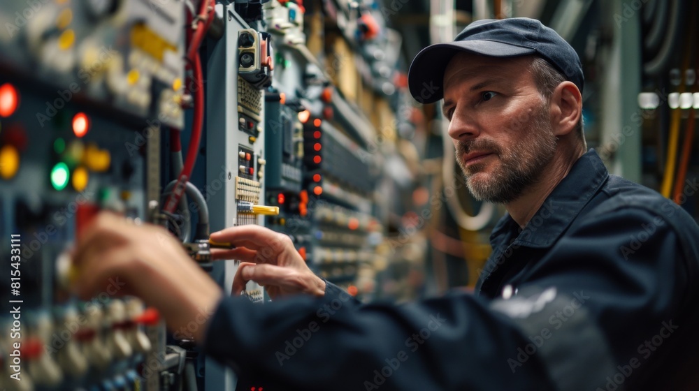 A mechanic programming a digital control system for a factory ...