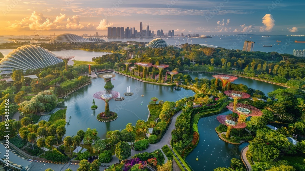 Aerial view of the Gardens by the Bay in Singapore, featuring the futuristic Supertree Grove, Flower Dome, and Cloud Forest surrounded by the Marina Bay skyline.     