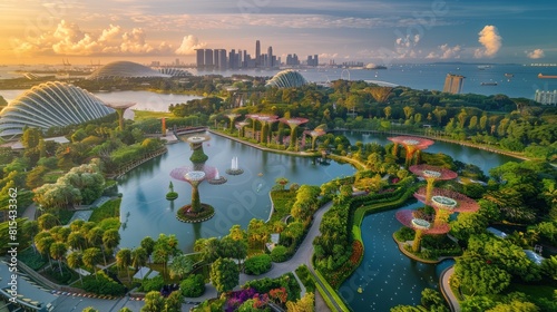 Aerial view of the Gardens by the Bay in Singapore, featuring the futuristic Supertree Grove, Flower Dome, and Cloud Forest surrounded by the Marina Bay skyline.      photo