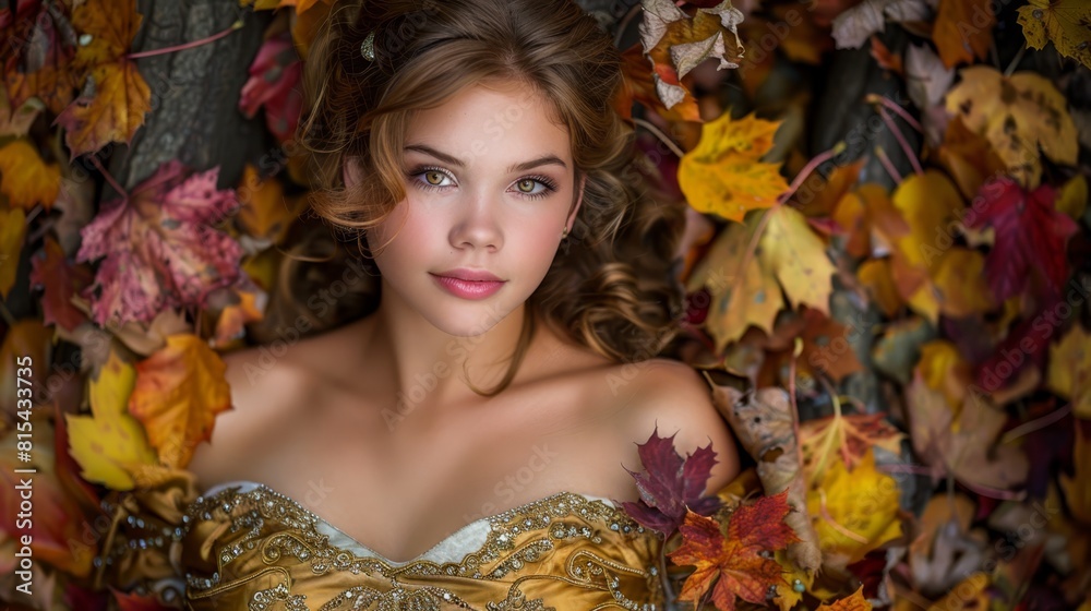  A stunning young woman in a golden-white gown stands before a mound of leaves, her hair billowing in the wind