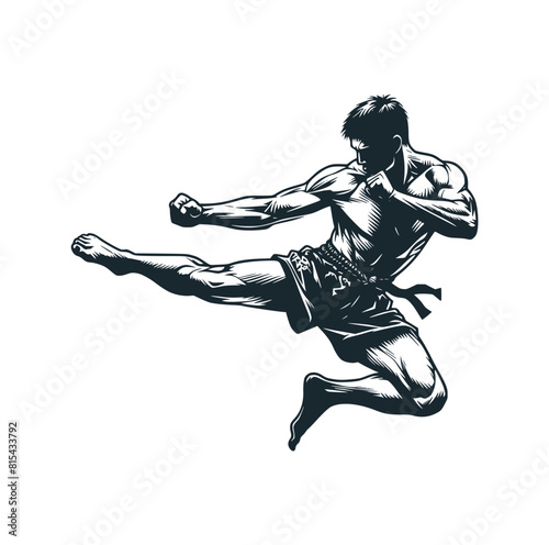 The muay thai martial arts. Black white vector logo illustration.