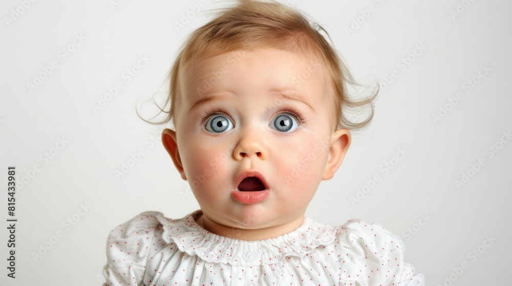 A white background features a tight shot of a baby expressing surprise A white background features a tight shot of a baby expressing surprise