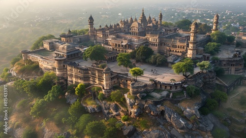 Aerial view of the Chittorgarh Fort in India, showcasing the massive fort complex with its towers, palaces, and temples surrounded by a rocky hilltop.      photo