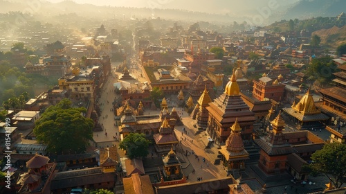 Aerial view of the Kathmandu Durbar Square in Nepal, featuring the historic temples, palaces, and courtyards surrounded by the bustling city.      photo