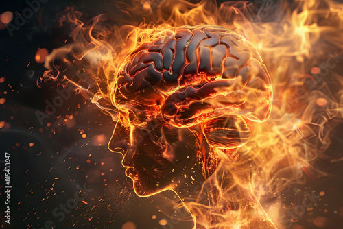Digital artwork of a human brain on fire representing intense thinking  ideas or stress