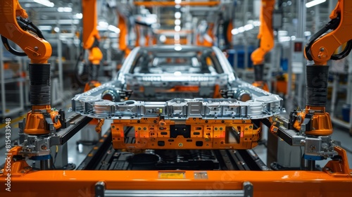 A mechanic installing a new battery system in a hybrid vehicle manufacturing plant.