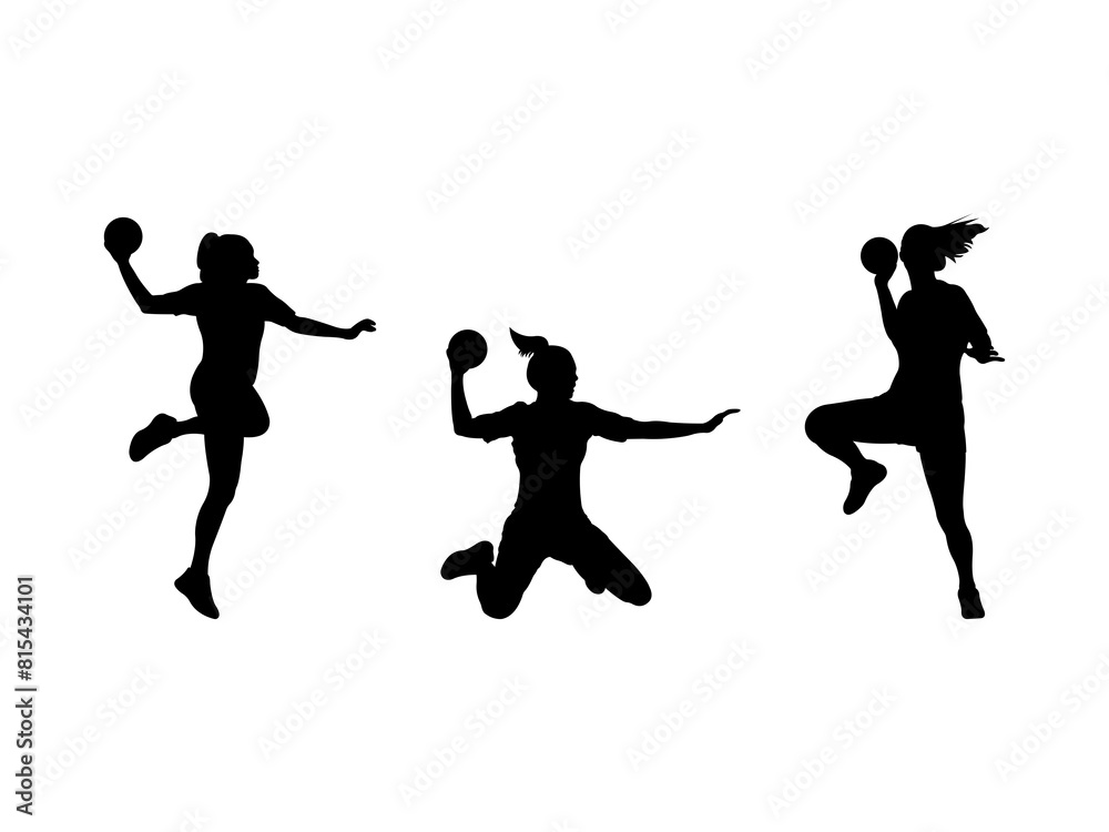 Fototapeta premium Set of Woman Handball Player Silhouette in various poses isolated on white background