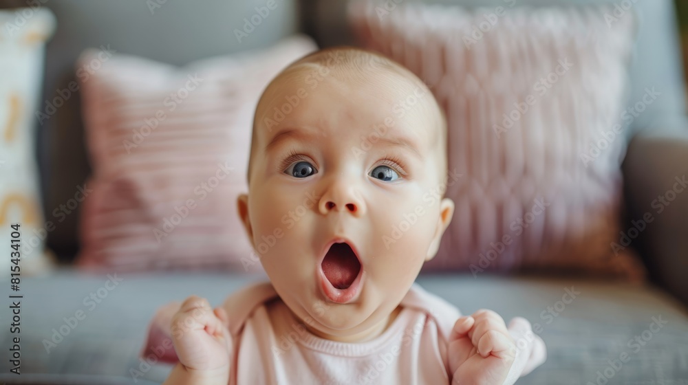 A baby with an open mouth in front of a couch, surrounded by pillows and a pillow positioned behind it A baby with an open mouth in front of a couch, surrounded by pillows and a pillow positioned behind it