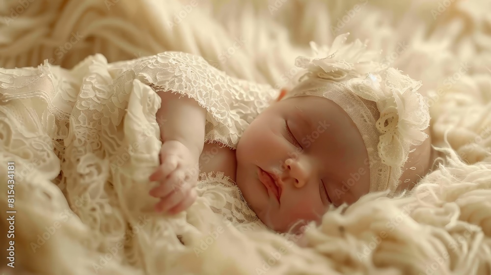 A baby sleeps on a blanket, dressed in a white gown and adorned with a headband featuring a bow A baby sleeps on a blanket, dressed in a white gown and adorned with a headband featuring a bow