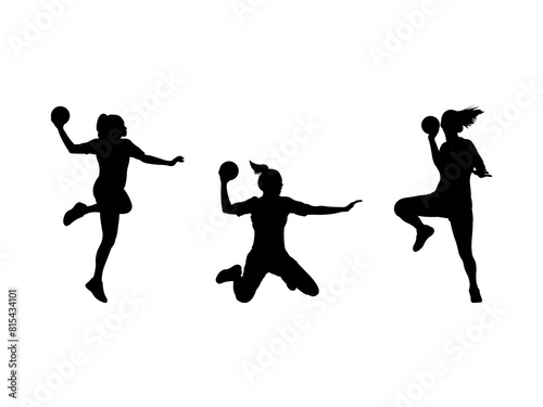 Set of Woman Handball Player Silhouette in various poses isolated on white background