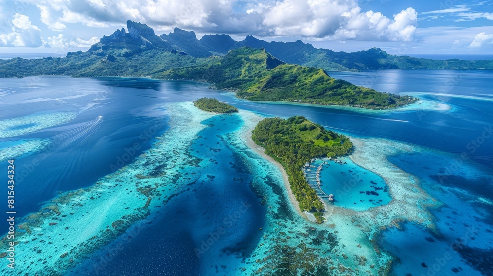 Aerial view of Bora Bora in French Polynesia, with its turquoise lagoon, coral reefs, and overwater bungalows surrounded by the Pacific Ocean.     