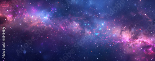 Panoramic view of a colorful space nebula with star clusters and cosmic dust