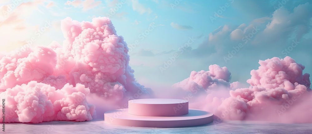 Luxury product display on a podium under heaven theme focus on ethereal composite with soft clouds backdrop Luxury product display on a podium under heaven theme focus on ethereal composite with soft clouds backdrop