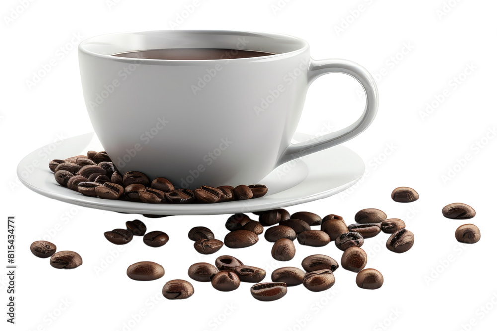 Coffee cup on table top with coffee beans isolated on transparent background Coffee cup on table top with coffee beans isolated on transparent background