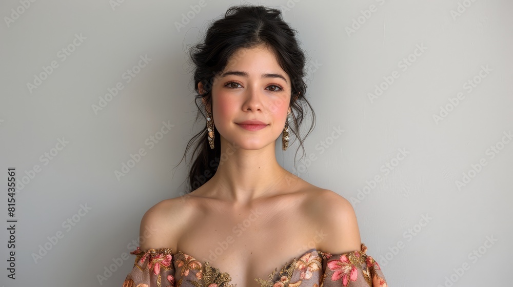 A woman in a floral dress poses, hands on hips, head slightly tilted A woman in a floral dress poses, hands on hips, head slightly tilted