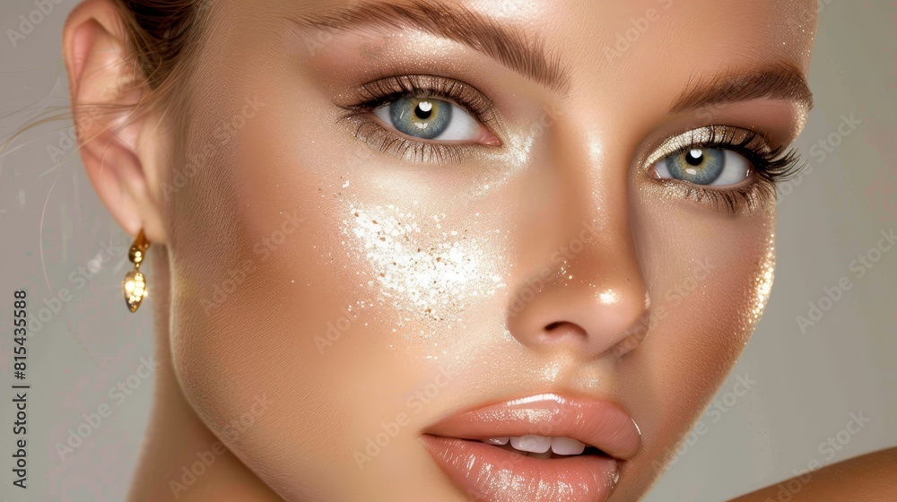 A woman's face, closely framed Glitter abundant, adorning her features Earrings dangle from ears A woman's face, closely framed Glitter abundant, adorning her features Earrings dangle from ears