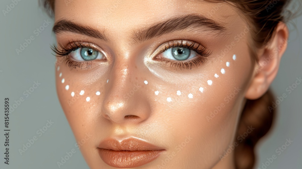 A tight shot of a woman's face adorned with white spots and framed by a sweep of blue eyeshadow A tight shot of a woman's face adorned with white spots and framed by a sweep of blue eyeshadow