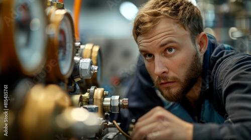 A mechanic checking air pressure levels in factory pneumatic tools.