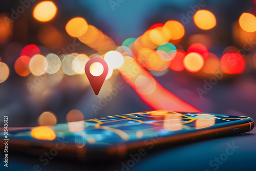 Smartphone with location pin icon on screen and bokeh lights photo