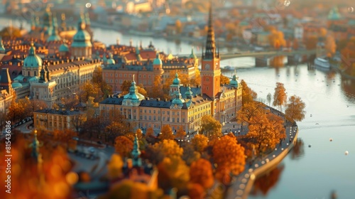 tilt-shift effect The City Hall, with its iconic tower, hosts the Nobel Prize banquet and offers panoramic city views photo